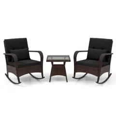 Costway 3 PCS Rocking Bistro Set with Removable Cushions & Tempered Glass Top Coffee Table Brown/Grey/Navy/Red/Black