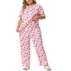 Agnes Orinda Women's Plus Size Short Sleeve Cherry Print Elastic Soft Pockets Pajama Set 2 Pcs