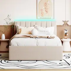 Okak Platform Bed Frame with Upholstered and LED Lights No Box Spring Needed Teddy Fleece Bed with Trundle