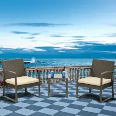 3 Pieces Outdoor Rattan Wicker Chairs With Cushions And Table
