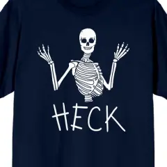 Kids Halloween Shrugging Skeleton "Heck" Youth Navy Blue Short Sleeve Crew Neck Tee