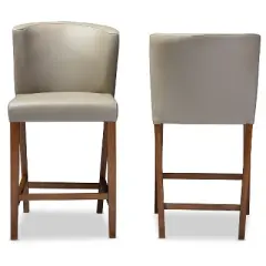 Set of 2 Olivia Wood Faux Leather Pub Counter Height Barstools Walnut/Dark Brown - Baxton Studio