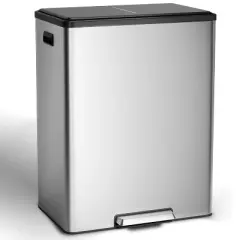 60L 16 Gallon Step Dual Trash Can with Lid, Large Stainless Steel Double Recycling Bin