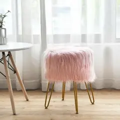 Costway Faux Fur Vanity Chair Makeup Stool Furry Padded Seat Round Ottoman Pink/White