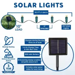 Novelty Lights 50 Light LED Solar Powered String Lights 3" Spacing Green Wire 22.5 Feet