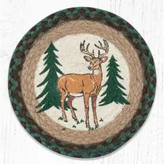 Earth Rugs Round Trivet &ndash; 10"x10" New Buck Printed Braided Jute Mat in Rustic Woodland Deer Design