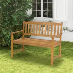 Tangkula 2-Person Outdoor Bench Patio Wooden Bench with Ergonomic Backrest & Armrests All-weather Acacia Wood Frame 43"x 22"