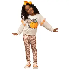 Girls Pom Pom Pumpkin Leopard Legging Set Mia Belle Girls, Leopard, 2T