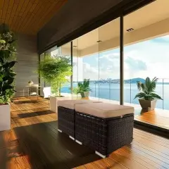 FIONECA All-Weather Outdoor Ottoman with Storage &uml;C PE Wicker Patio Footstool, Beige