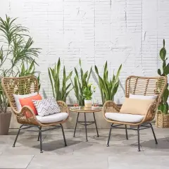 GDFStudio Izidro Outdoor Wicker and Glass 3 Piece Chat Set with Cushions, Light Brown/Beige