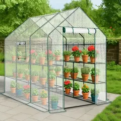 SEVOBAL Greenhouse Outdoor Durable PE Plant Green House for Frost Protection Shelf Clips Roll-up Zipper Door Walk-in for Planter, White, 99"*37"*17"