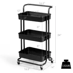 3 Tier Rolling Cart W/Wheels Practical Handle&ABS Storage Basket Organizer Black