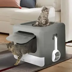 Extra Large Folding Pet Litter Box Portable Durable Cat Gray Litter Toilet Detachable Top Front Entry with Handy Scoop & Remove Tray