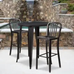 Flash Furniture Commercial Grade 30" Round Metal Indoor-Outdoor Bar Table Set with 2 Vertical Slat Back Stools