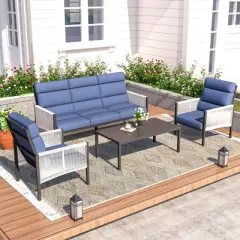 COWLOWN 4 Piece Blue Aluminum All Weather Modern Sectional Patio Furniture Set with Plush Thick Cushions