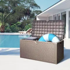 80 gallon professional lockable resin deck box, waterproof outdoor storage box for terrace furniture and garden tools, Brown, Blow molded