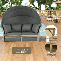 FIONECA Outdoor Patio Wicker Rattan Round Double Daybed with Retractable Canopy & 4 Pillows, Grey