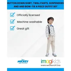 Disney Mickey Mouse Button Down Shirt, Twill Shorts, Suspenders and and Bow-Tie 4 Piece Outfit Set Infant