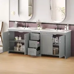 Christopher Knight Home Lucian Modern 84" Double-Sink Bathroom Vanity with Ceramic Sinks, 3 Drawers and Adjustable Shelves