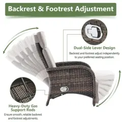 POCASSY Outdoor Recliner Chair, Wicker Adjustable Reclining Patio Lounge Chair with Cushion, Adjustable Backrest and Footrest, Ideal for Pool Deck