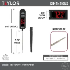 Taylor Digital LED Kitchen Meat Cooking Thermometer Black: Instant Read, Oversized Display, -40 to 450&deg;F, Battery Included