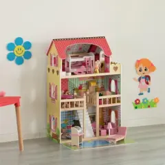 ShpilMaster Wooden Doll House with Toys and Furniture Accessories with LED light for Ages 3+