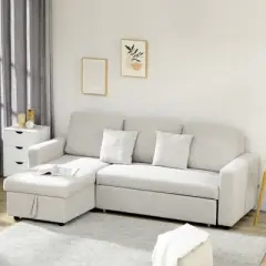 HOMCOM Sectional Sleeper Sofa, Linen Fabric L Shaped Couch with Pull out Bed, Reversible Storage Chaise for Living Room, Apartment, 3-seat, Beige