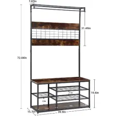 Entryway Storage Bench, 3-Tier Industrial Shoe Rack with 5 Coat Hooks, Rustic Wood Style Hall Tree for Home/Closet Organization