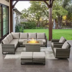 POCASSY 8 Piece Outdoor Sectional Patio Furniture Set, All Weather Gray Wicker Outdoor Furniture Set with Swivel Chair and 41" Propane Fire Pit