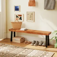 Tangkula Outdoor Acacia Wood Benches Set of 2 w/ Slatted Top & Flared Metal Legs