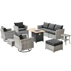 Ovios Tenaya 10pc Wicker Outdoor Patio Furniture Set Conversation Sofa with a Storage Fire Pit, Swivel Chairs and Cushions