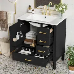 30"W Bathroom Vanity, Freestanding Bathroom Cabinet with 3 Drawers, Soft Close Doors and Long Gold Metal Handles - ModernLuxe