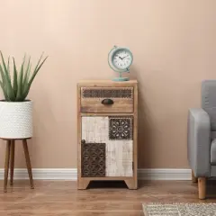 LuxenHome Wood Farmhouse 1-Drawer 1-Door Side Table with Storage.