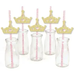 Big Dot of Happiness Gold Glitter Princess Crown Party Straws - No-Mess Real Glitter Cut-Outs & Baby Shower or Birthday Party Paper Straws - Set of 24
