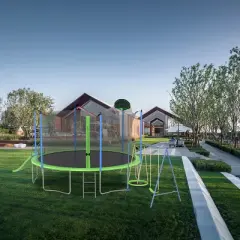 Whisen 14 ft. Trampoline with Basketball Hoop, Outdoor Trampolines w/Ladder and Safety Enclosure Net, Slide and Swings