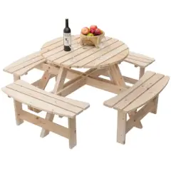 Gardenised Wooden Outdoor Patio Garden Round Picnic Table with Bench, 8 Person- Natural