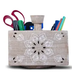 Mela Artisans Spinning Wooden Pen Holder with 4 Compartments White