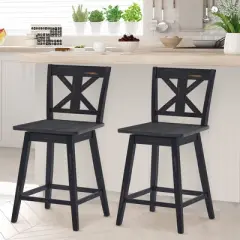 Costway Set of 2 Bar Stools Swivel Counter Height Chair w/ Solid Wood Legs White\Black