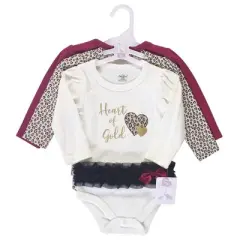 Little Treasure Baby Girl Cotton Long-Sleeve Bodysuits 3pk, Cream Heart Of Gold