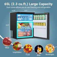 65L RV Refrigerator, 12 Volt Dual Zone Fridge and Freezer, WIFI APP Control Portable Fridge with Door Lock,3 levels (H/M/L) of battery protection