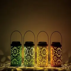 VIP Metal 7.25 in. Multicolor Solar Lanterns with Cut-Out Patterns Set of 4