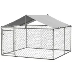 Outside Dog Kennel with Roof, Galvanized Steel Pet Enclosure Chain Link Dog House (90"D x 90"W x 65"H)