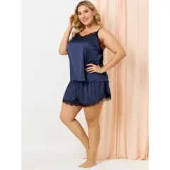 Agnes Orinda Women's Plus Size Lace Panel Elastic Waist Camisole Pajama Set