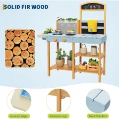 Outdoor Wooden Mud Kitchen w/ See-Thru Planter, Removable Sink/Faucet & Chalkboard - Storage Shelves, Stove Toddler Playset Ages 3+