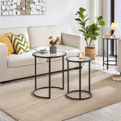 Yaheetech Round Nesting End Table Set with Metal Frame and Glass Top for Living Room