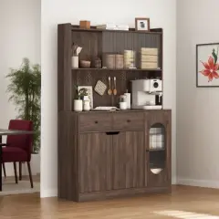 VANIRROR 71" Tall Kitchen Pantry Storage Cabinet, Large Display Cabinet with Glass Doors & Microwave Stand &ndash; Bakers Rack for Kitchen, Pantry