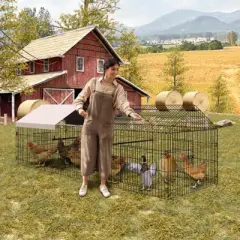 Chicken Coop Walk in Run - Metal Poultry Pen with Waterproof Cover, Portable Hen House for Chickens, Ducks & Small Pets