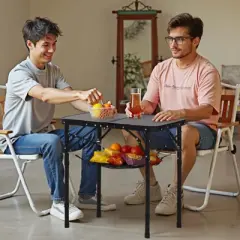 VEVOR Folding Camping Table, Adjustable Height Portable Side Tables, Aluminum MDF Beach Table with Mesh Layer, Carrying Handle, 24x16in, Black