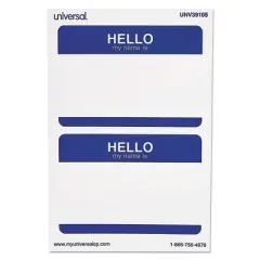Universal Hello Self-Adhesive Name Badges, 3.5 x 2.25, White/Blue, 100/Pack