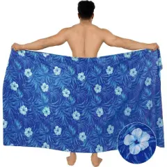 LA LEELA Men's Sarong Aloha Beach Pareo Wrap One Size Tropical Floral Leafs Blue